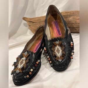 VTG Bennis Edwards Hand Beaded Mocs in Black Leather